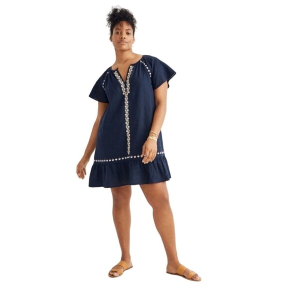 Madewell Embroidered Linen Blend Raglan Ruffle Mini Dress Bohemian Size Sp - Picture 1 of 9